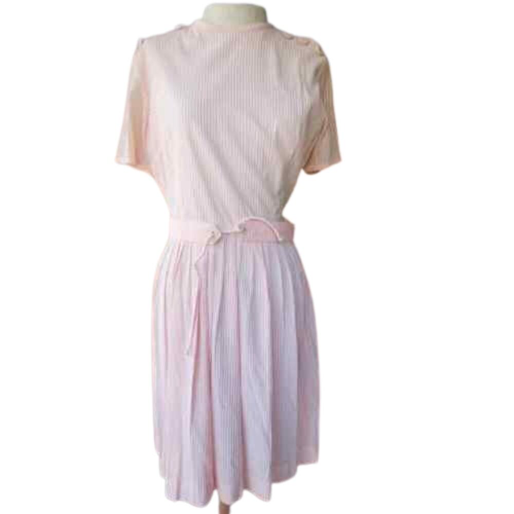 Vintage 70s Pink Belted Pin Stripe Midi Dress Size Med